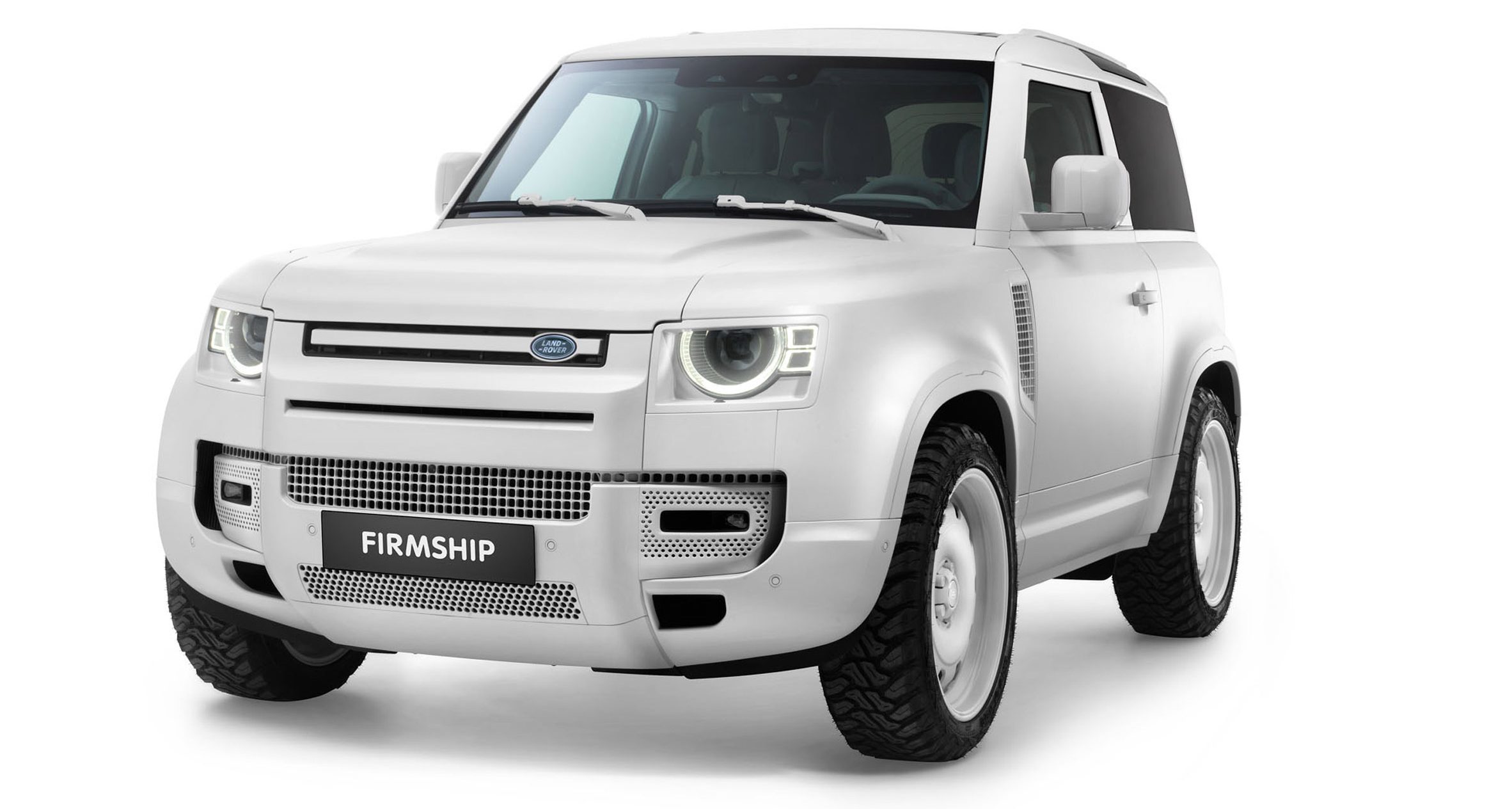 Image of the Firmship-styled Defender as seen from the front side showing monochrome minimalist styling