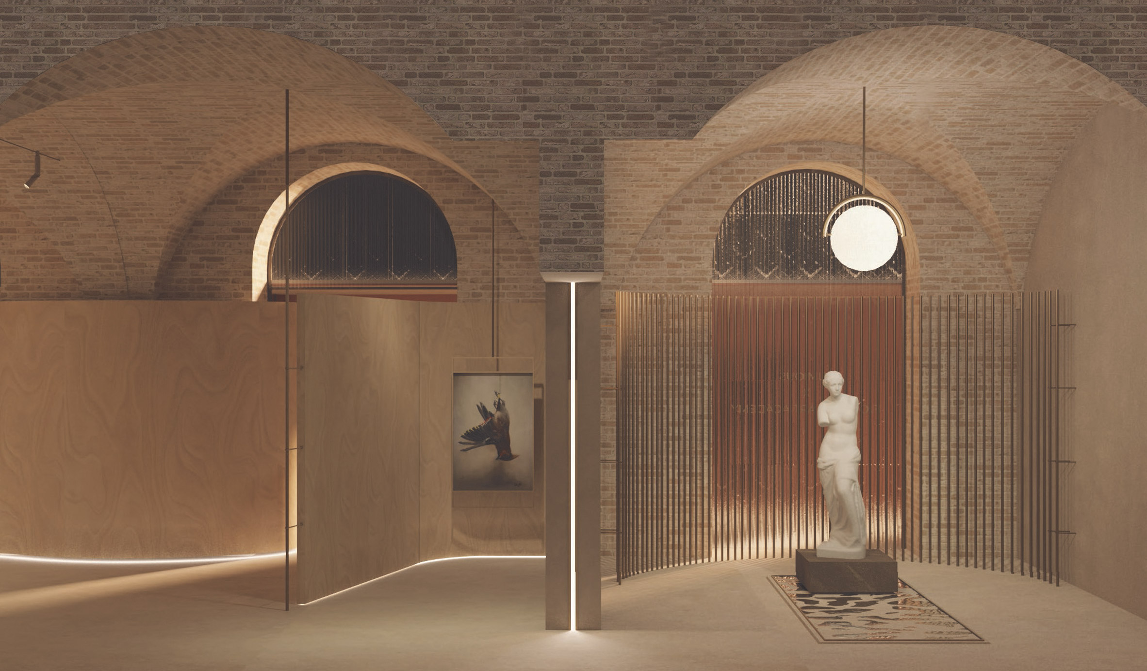 Rendering of a grand brick interior with arched windows and walls and interesting sculptures, lighting and artworks around the space