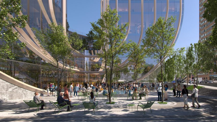 A plaza with trees