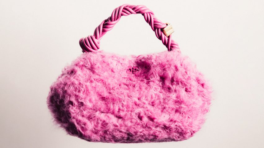 Bou bag by Ganni made using plant-based BioFluff fake fur in pink