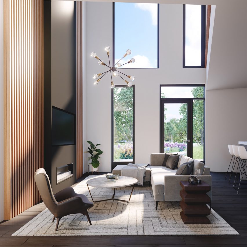 An interior rendering of an apartment with double height space