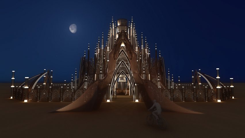 Night view of Burning Man temple 2024
