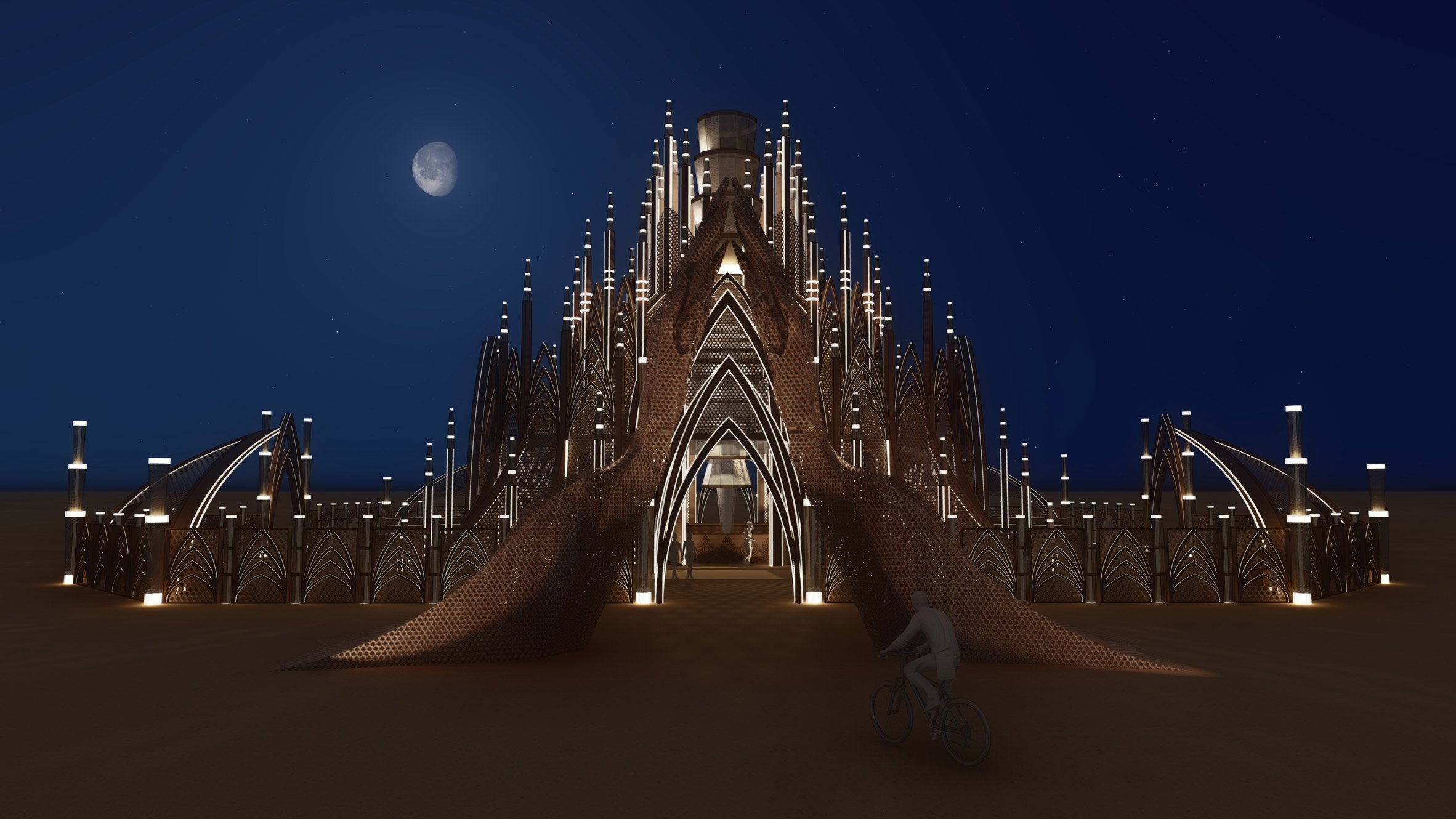Night view of Burning Man temple 2024