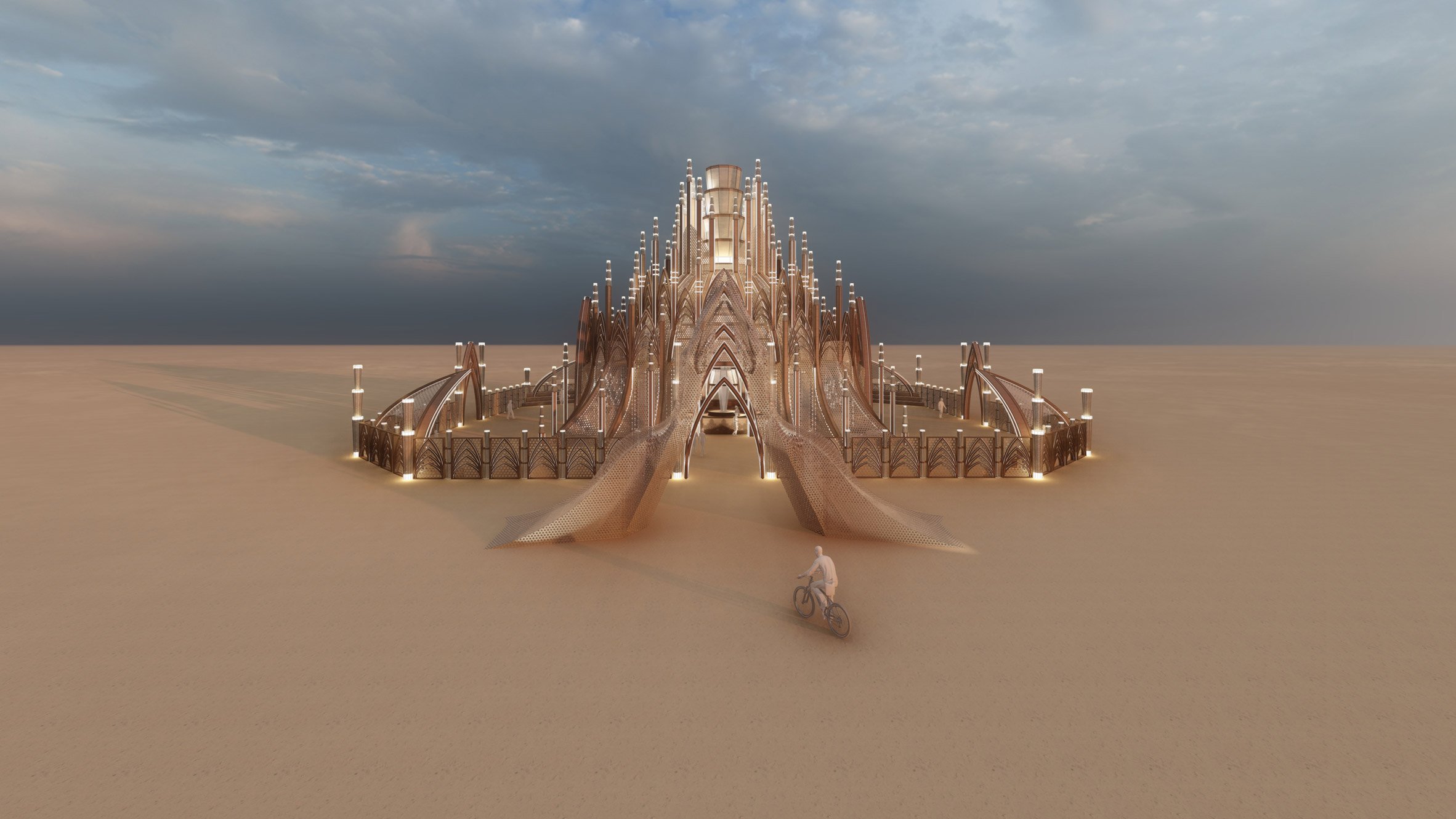 View of Burning Man temple rendering with bicyclist