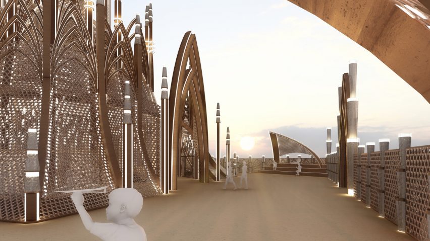 Child rendering with 2024 Burning Man temple lobby