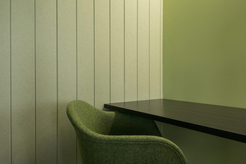 Patterned Groove wall panels in sage green by Autex Acoustics