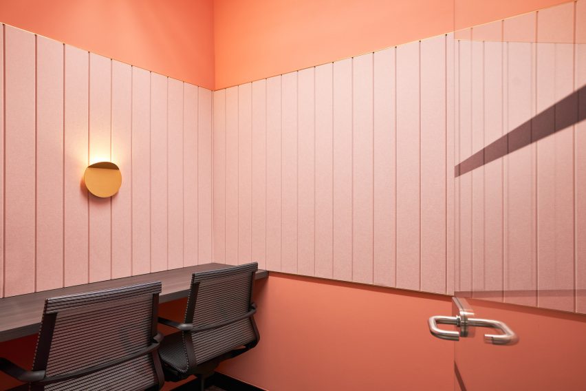 Patterned Groove wall panels in blush pink by Autex Acoustics