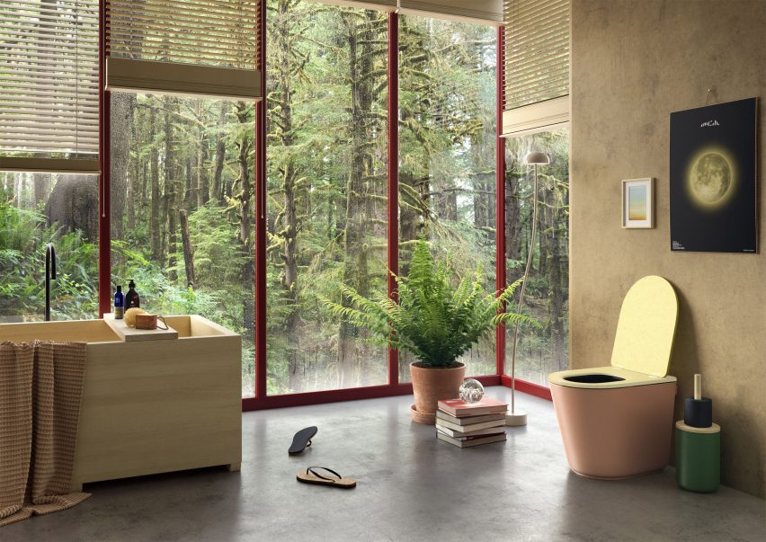 Pink version of Luna composting toilet by Harvest Moon pictured in a bathroom visualisation