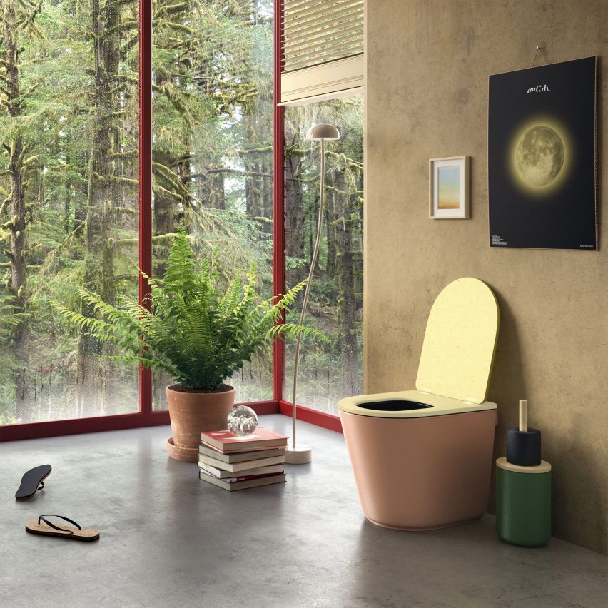 Pink version of Luna composting toilet by Harvest Moon pictured in a bathroom visualisation