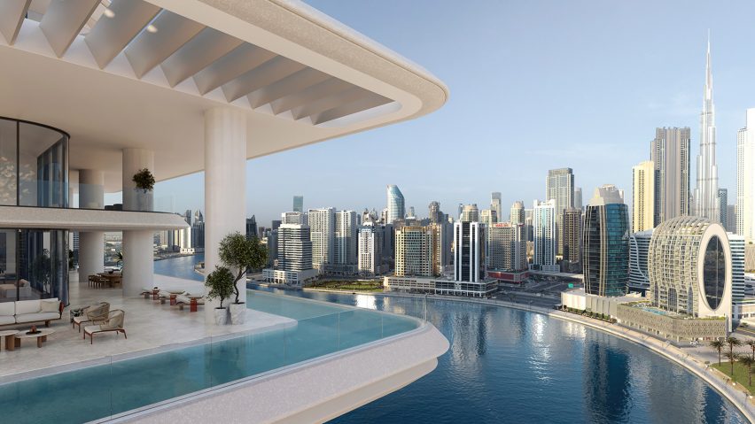 Skyscraper terraces with L-shaped pool by Foster + Partners for Omniyat
