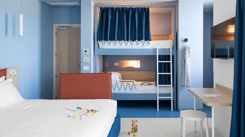 Guest room inside Hotel Haway in Martinsicuro, Italy, by Fiorini D'Amico Architetti (FDA)