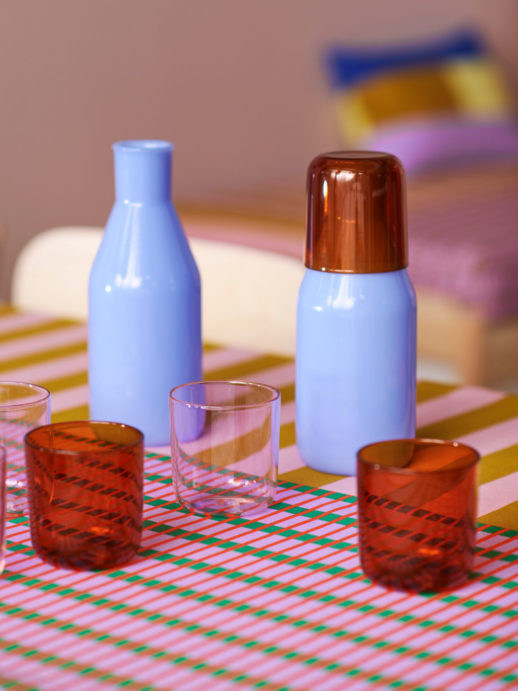 Carafe and glasses from collection by Raw Color for IKEA
