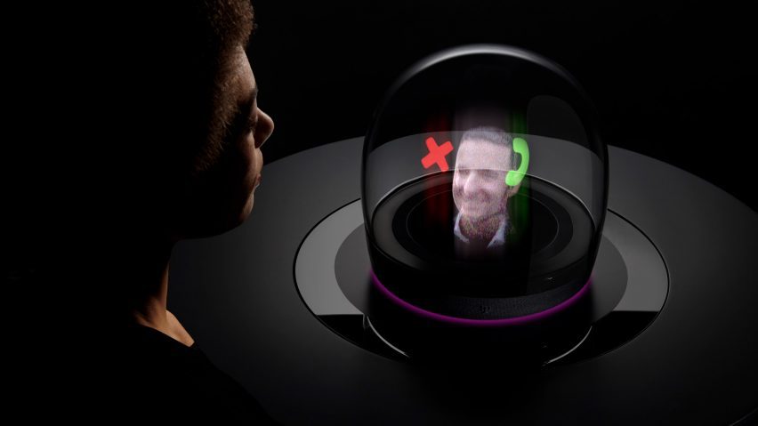 Imagen del dispositivo Concept View de Layer, que muestra un objeto transparente en forma de cúpula con una imagen holográfica de un hombre en su interior.