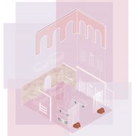 An architecture drawing in pink tones