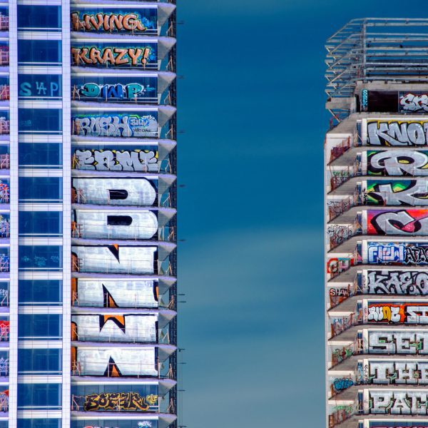 Trio of abandoned Los Angeles skyscrapers covered in graffiti