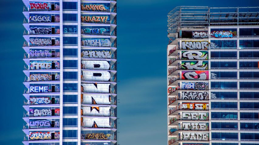 Trio of abandoned Los Angeles skyscrapers covered in graffiti