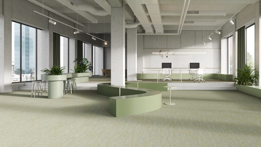 Interior with light green carpet tiles