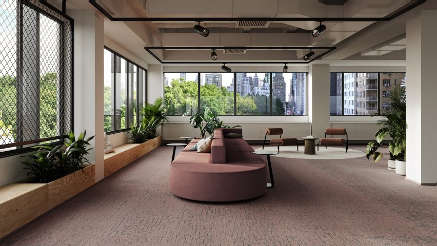 Interior with dusky burgundy carpet tiles