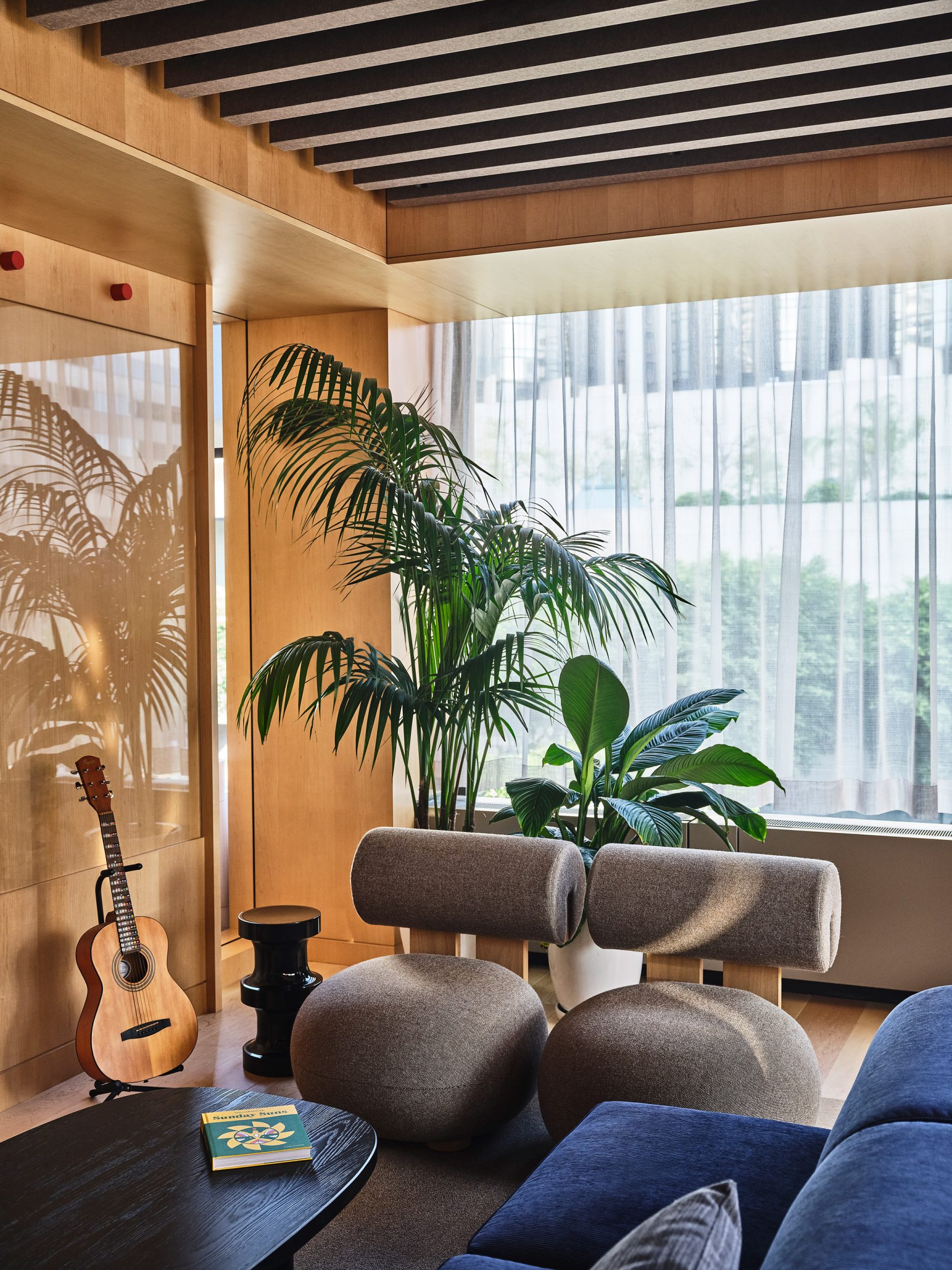 Lounge area with comfy seating, plants and a guitar