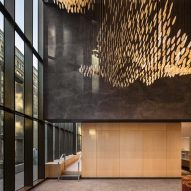A lobby space with sculptural element