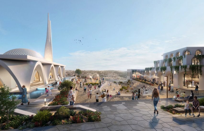 Close-up render of public area within Omani Mountain Destination