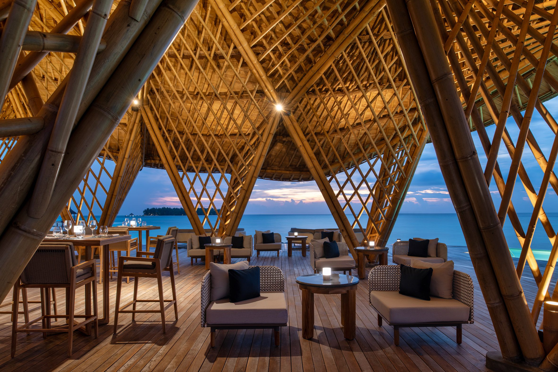 Interior seating area of Overwater Restaurant in the Maldives 