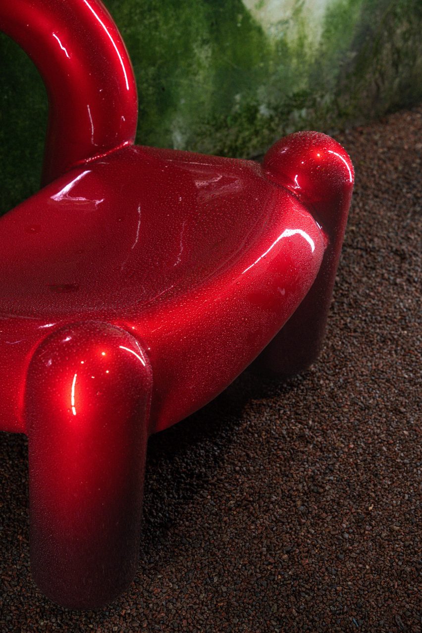 Close-up view of red Reality chair designed in virtual reality by Alexander Lervik and Gustav Winsth