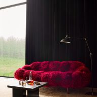 Living room with red couch