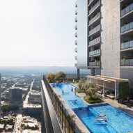A rendering of a pool deck on top level of skyscraper