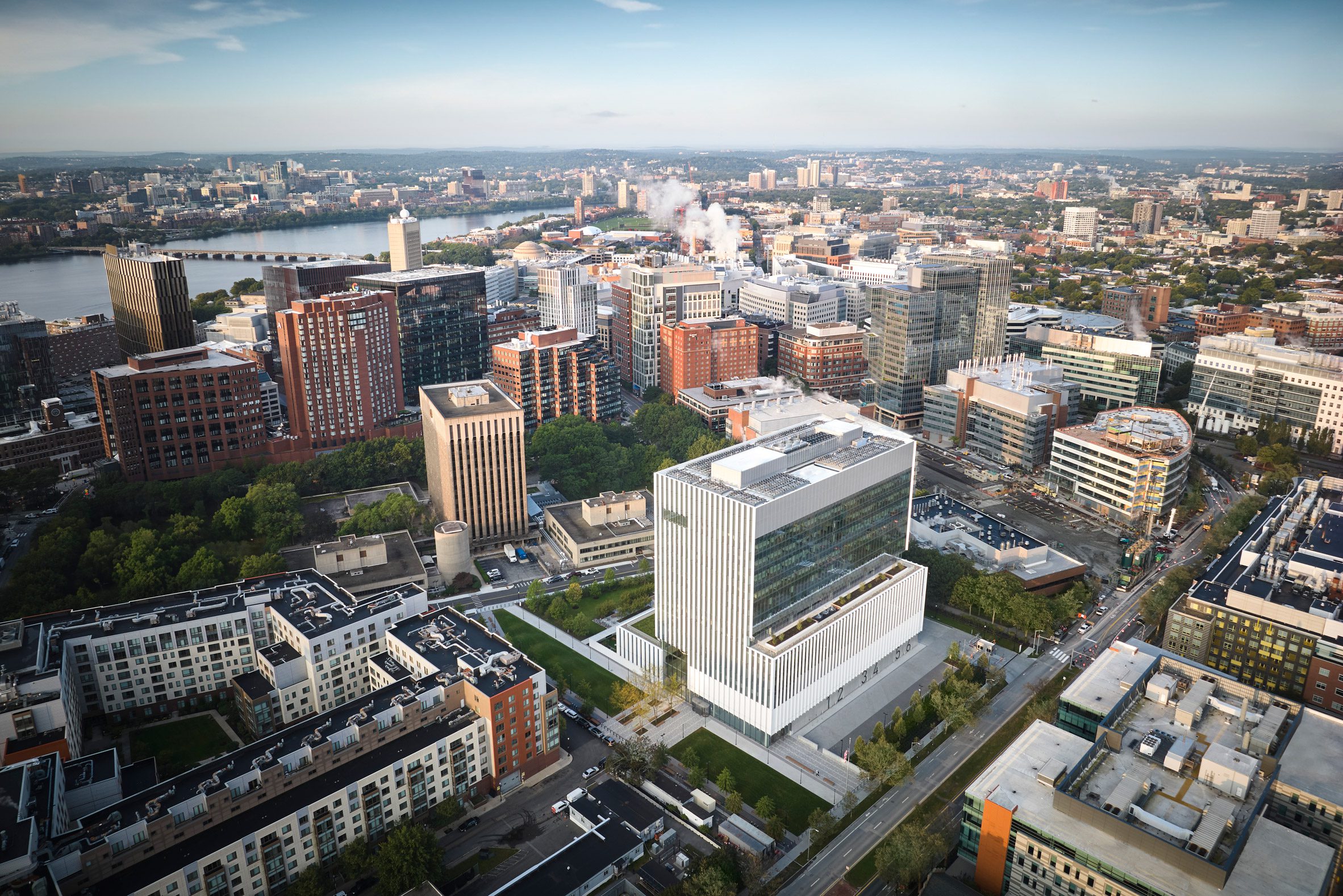 White aluminium building with Boston urban aerial