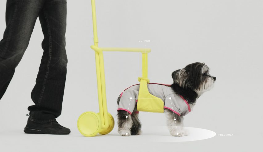 Annotated graphic of dog in a mobility aid