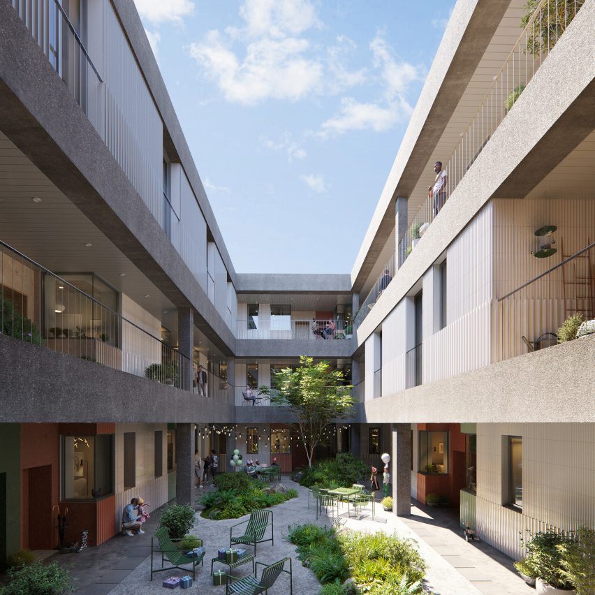 Courtyard at the Hayes Park housing by Studio Egret West