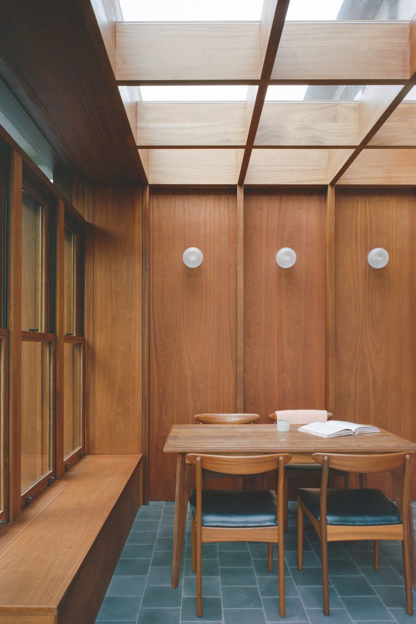 Wood-lined dining room