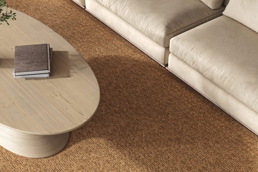 Beige carpet under beige sofa