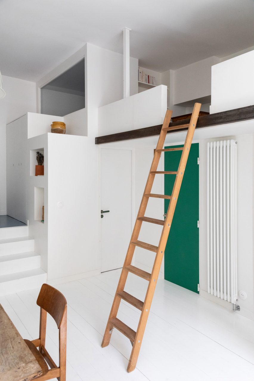 Ladder leading up to mezzanine in Timbaud apartment 