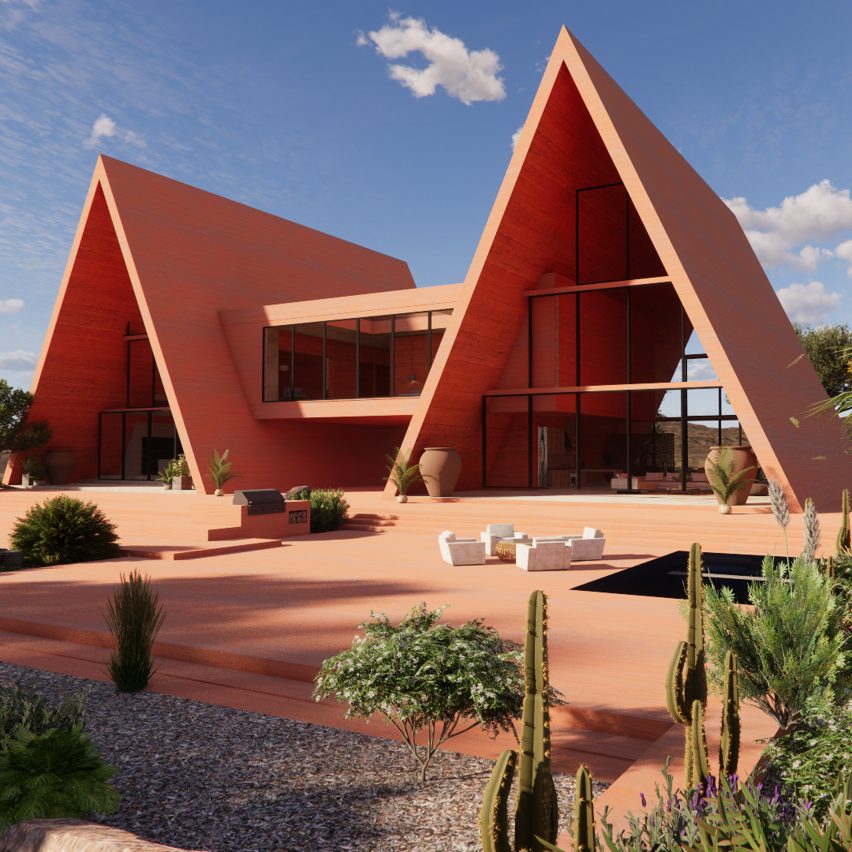 Rendering of a pink A-frame house