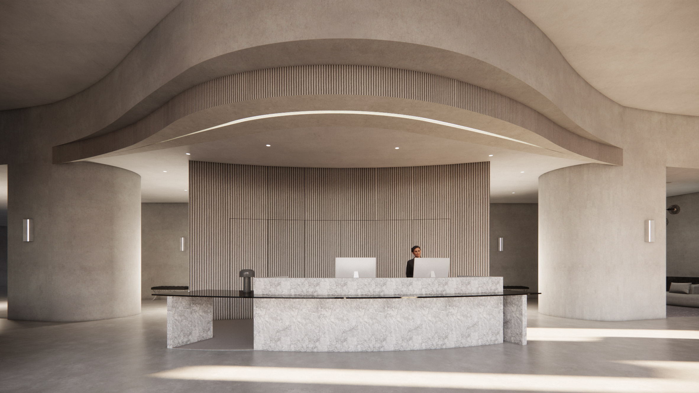 Rendering showing the interior of a lobby space with concrete pillars