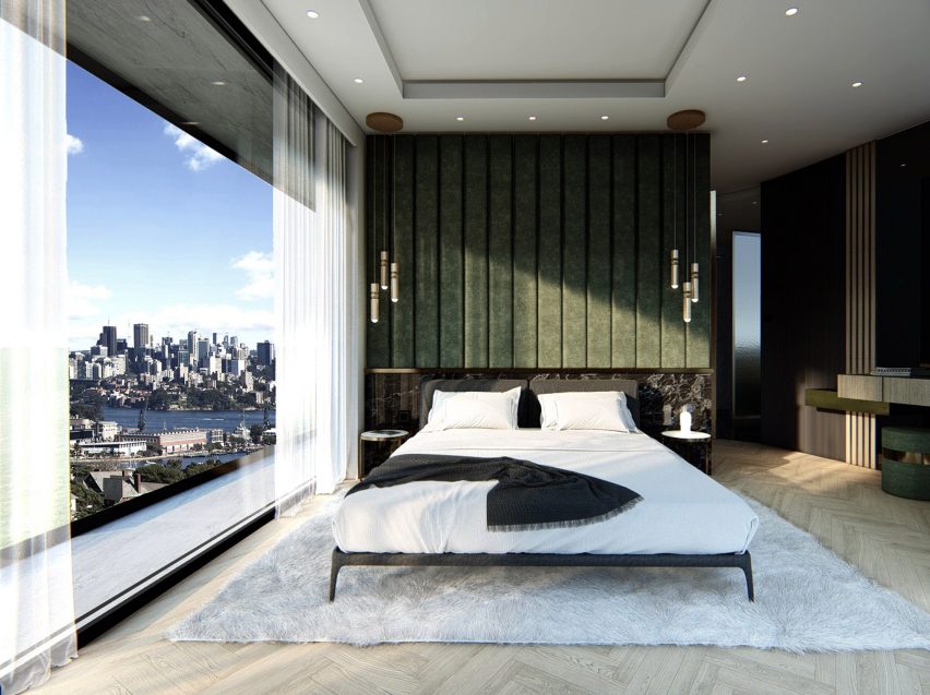 Rendering of a bedroom overlooking the Sydney skyline