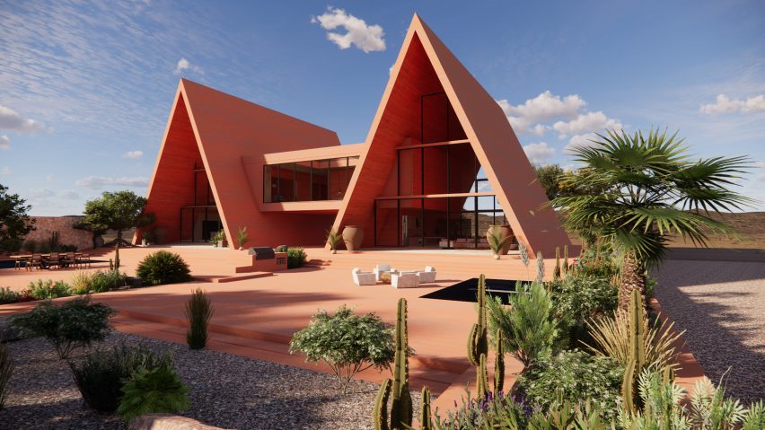 Rendering of a pink A-frame house