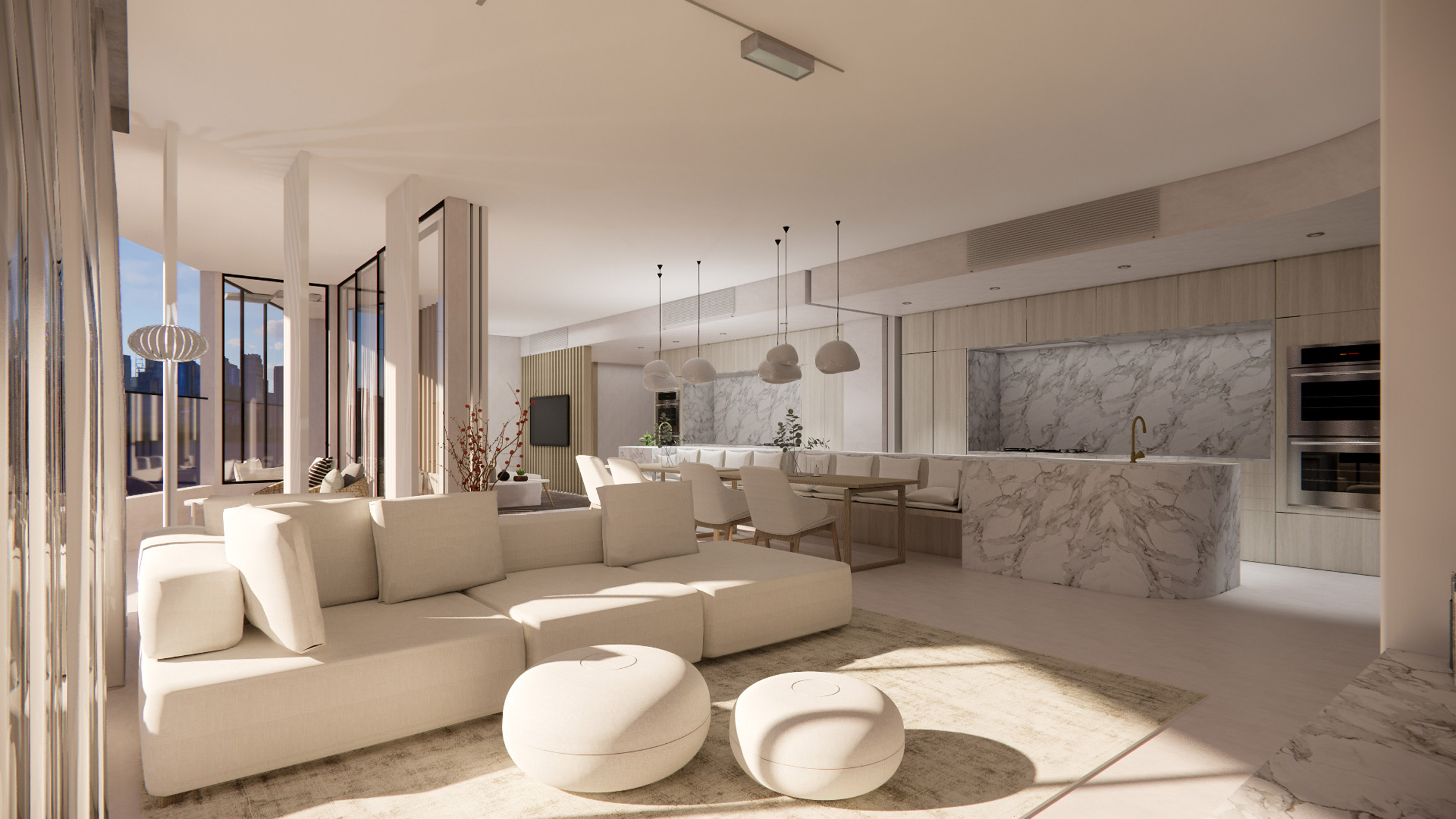 Rendering of apartment interior with cream and white finishes and furnishings