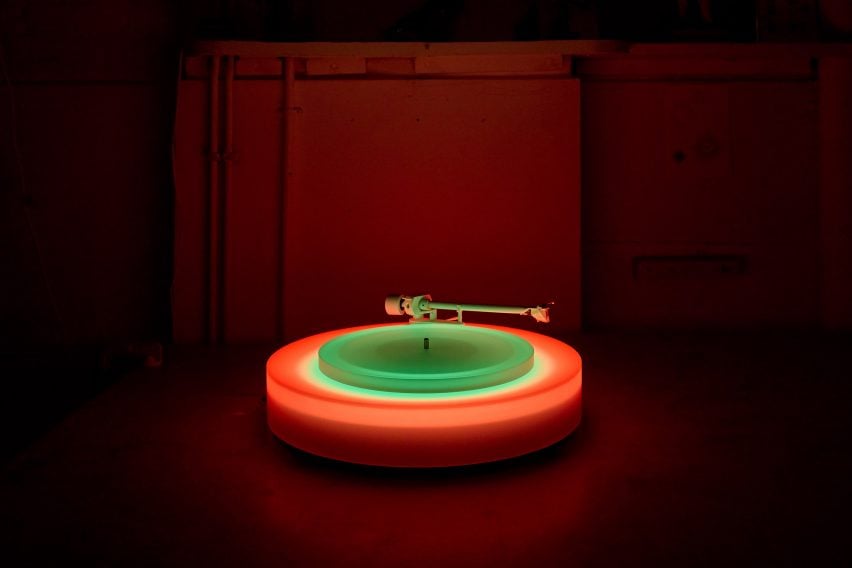 Green and red illuminated record player at Paul Stolper Gallery
