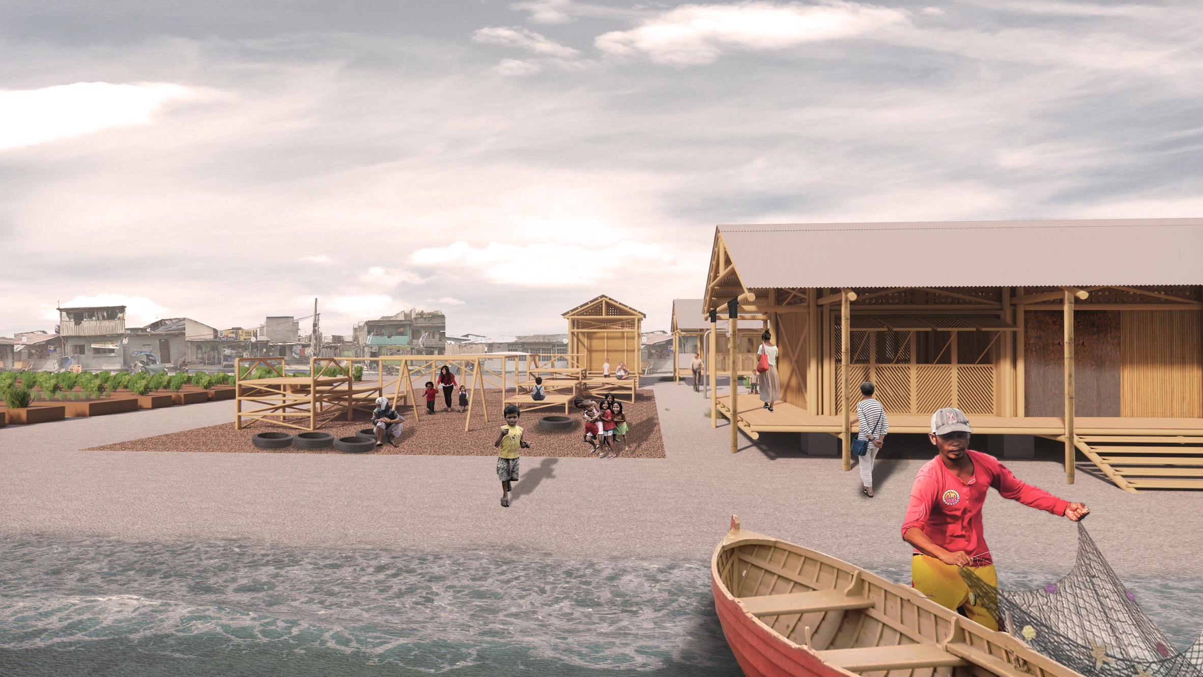 Visualisation showing people in a seaside settlement