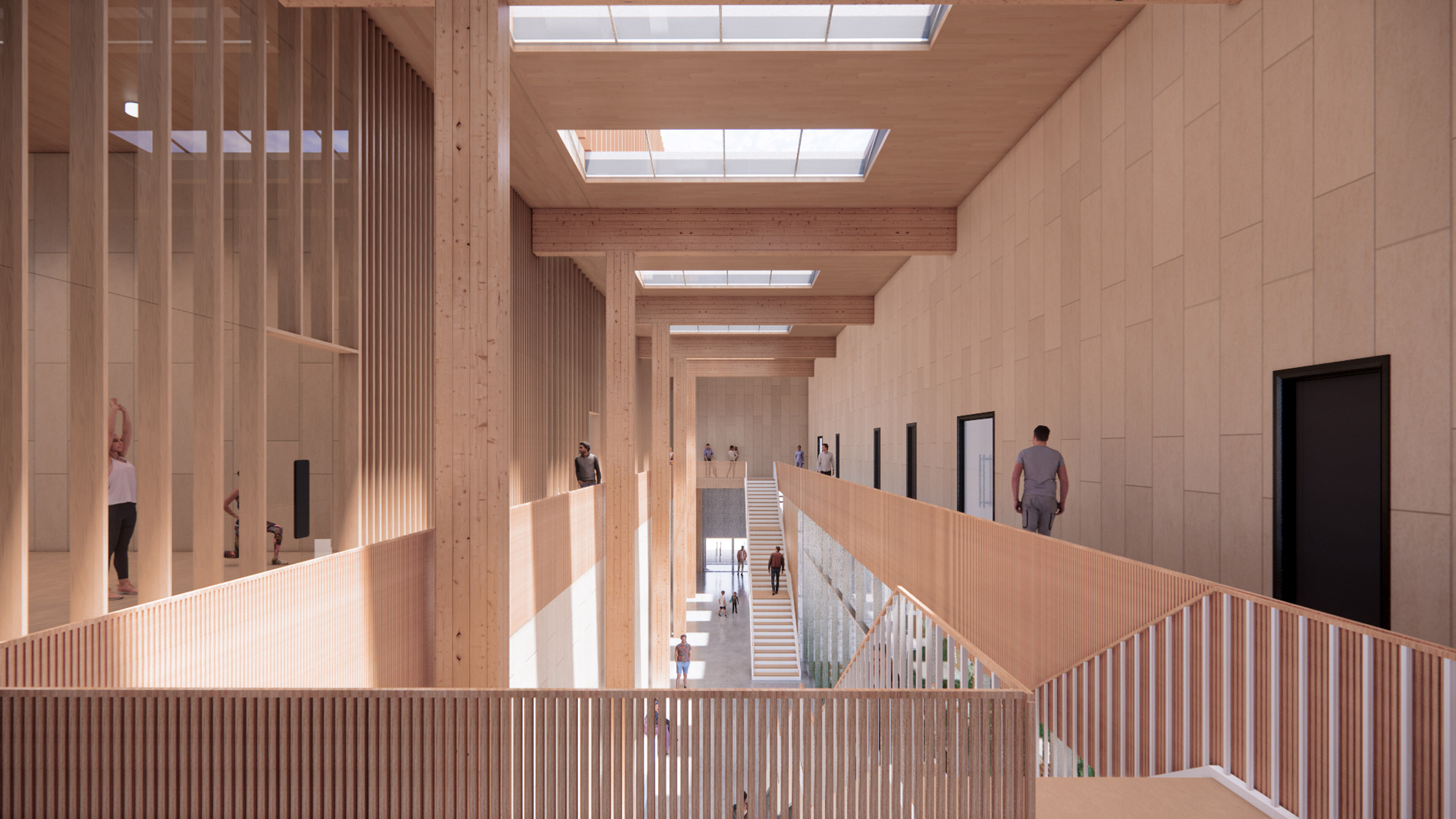 Visualisation of an interior circulation space lined with wood