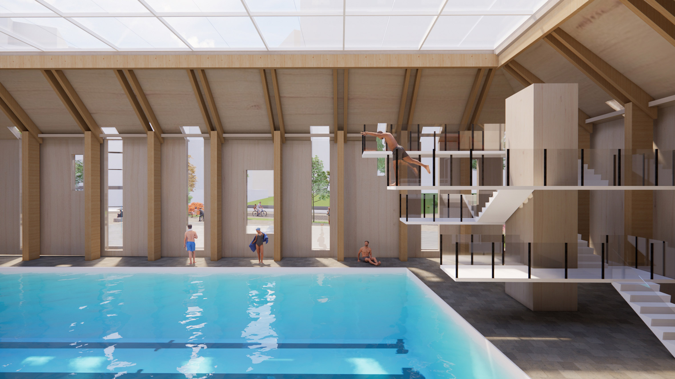 Visualisation showing an indoor swimming pool with diving boards