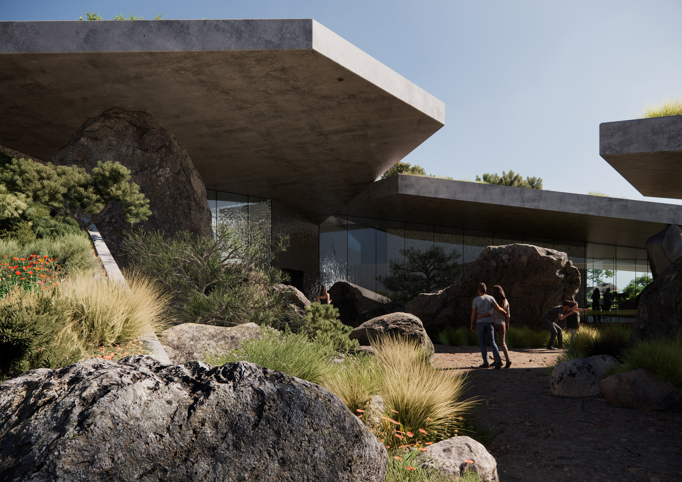 Concrete cantilevers in Vjosa National Park visitor centres by CEBRA in Albania