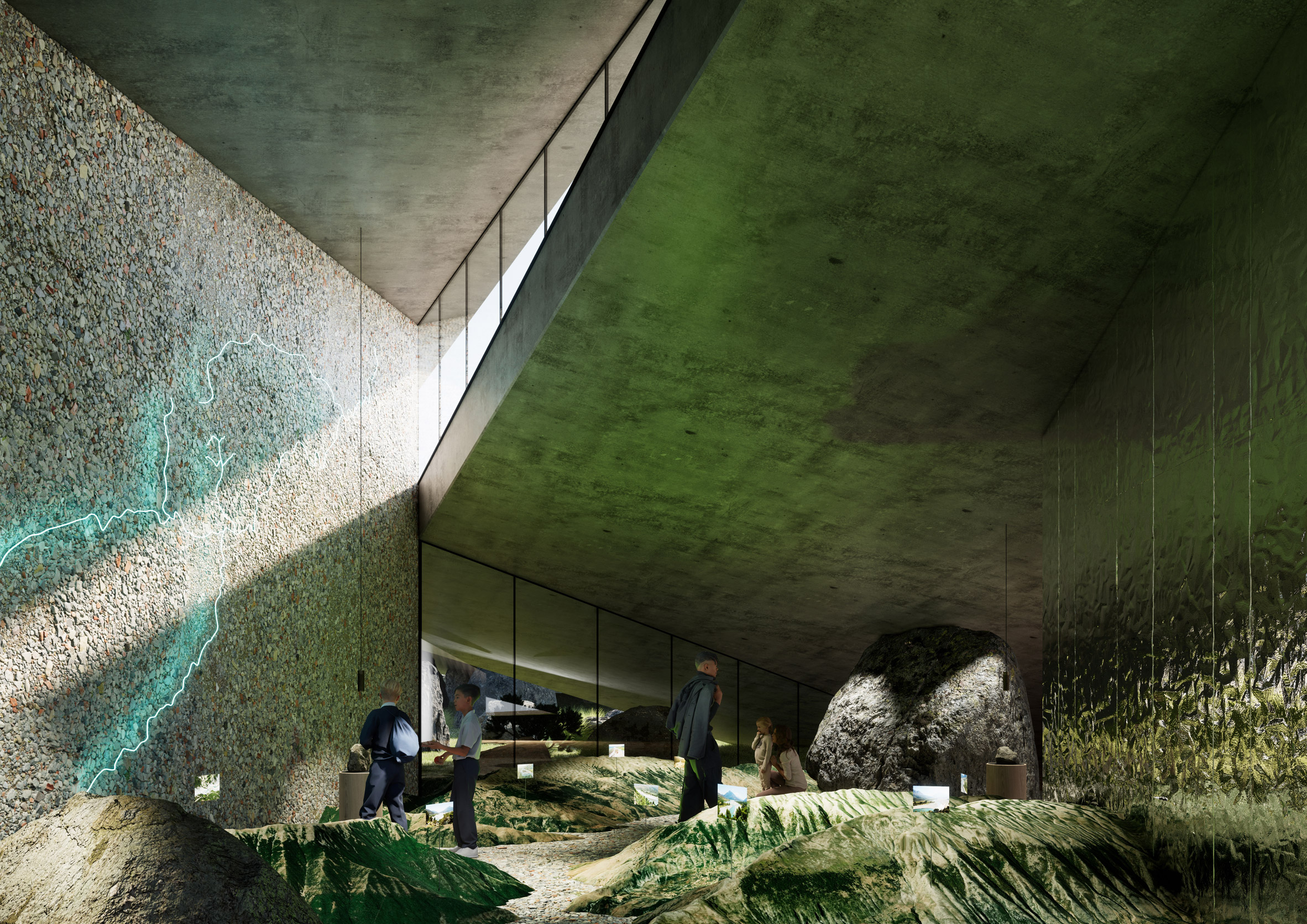 Rough concrete walls in Vjosa National Park visitor centres by CEBRA in Albania