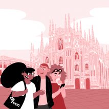 Illustration of people in front of Duomo di Milano