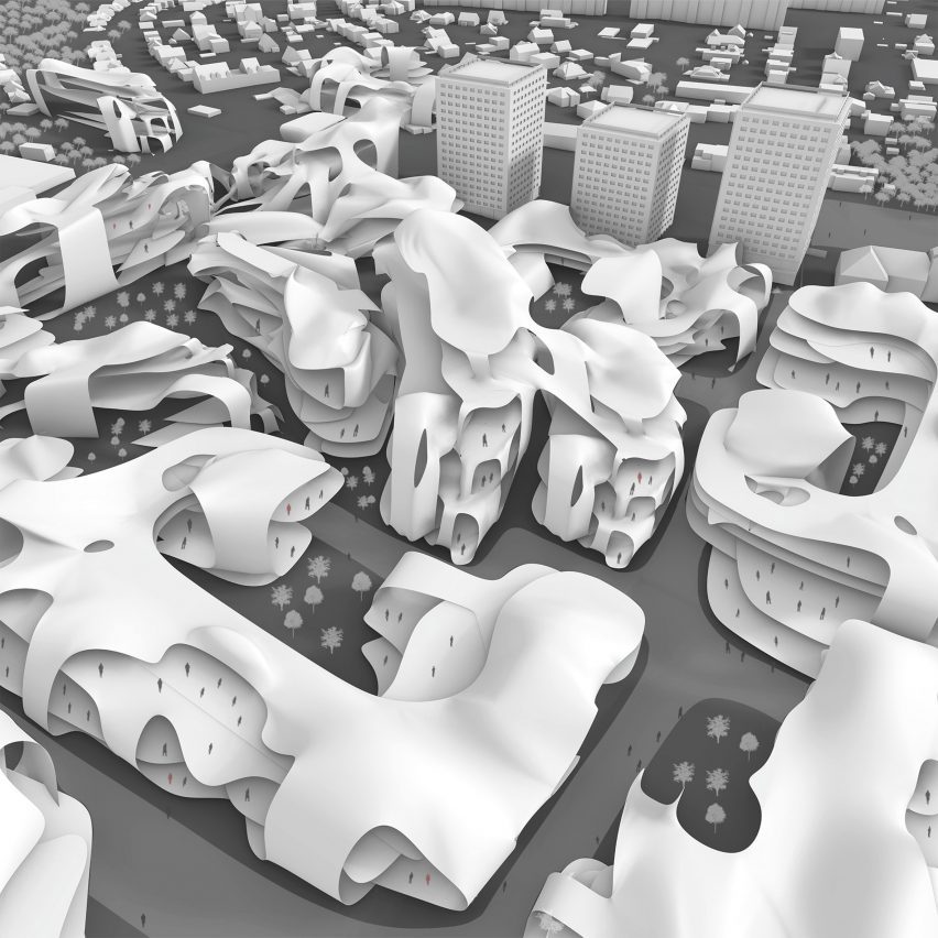 a visualisation of an abstract city/town, in tones of white and grey