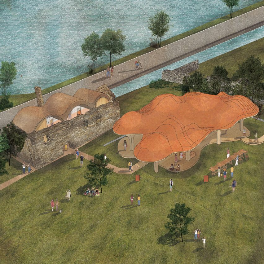 Architectural visualisation showing a structure next to a body of water
