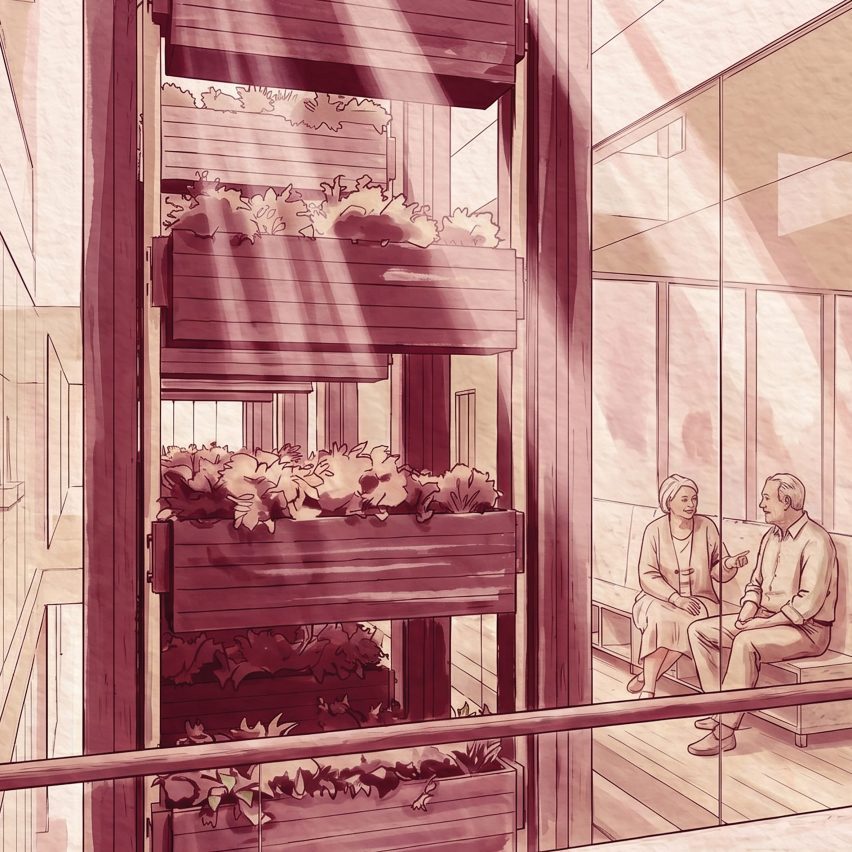 Architectural illustration showing the interior of a structure
